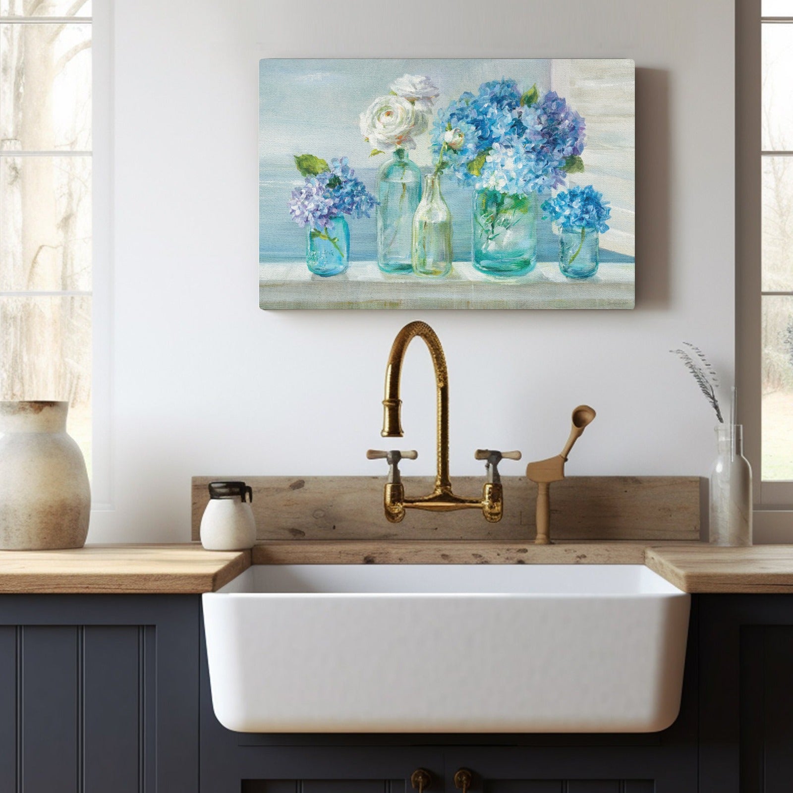 Canvas print of blue hydrangeas and white roses in glass jars, perfect kitchen wall decor. Made in USA.