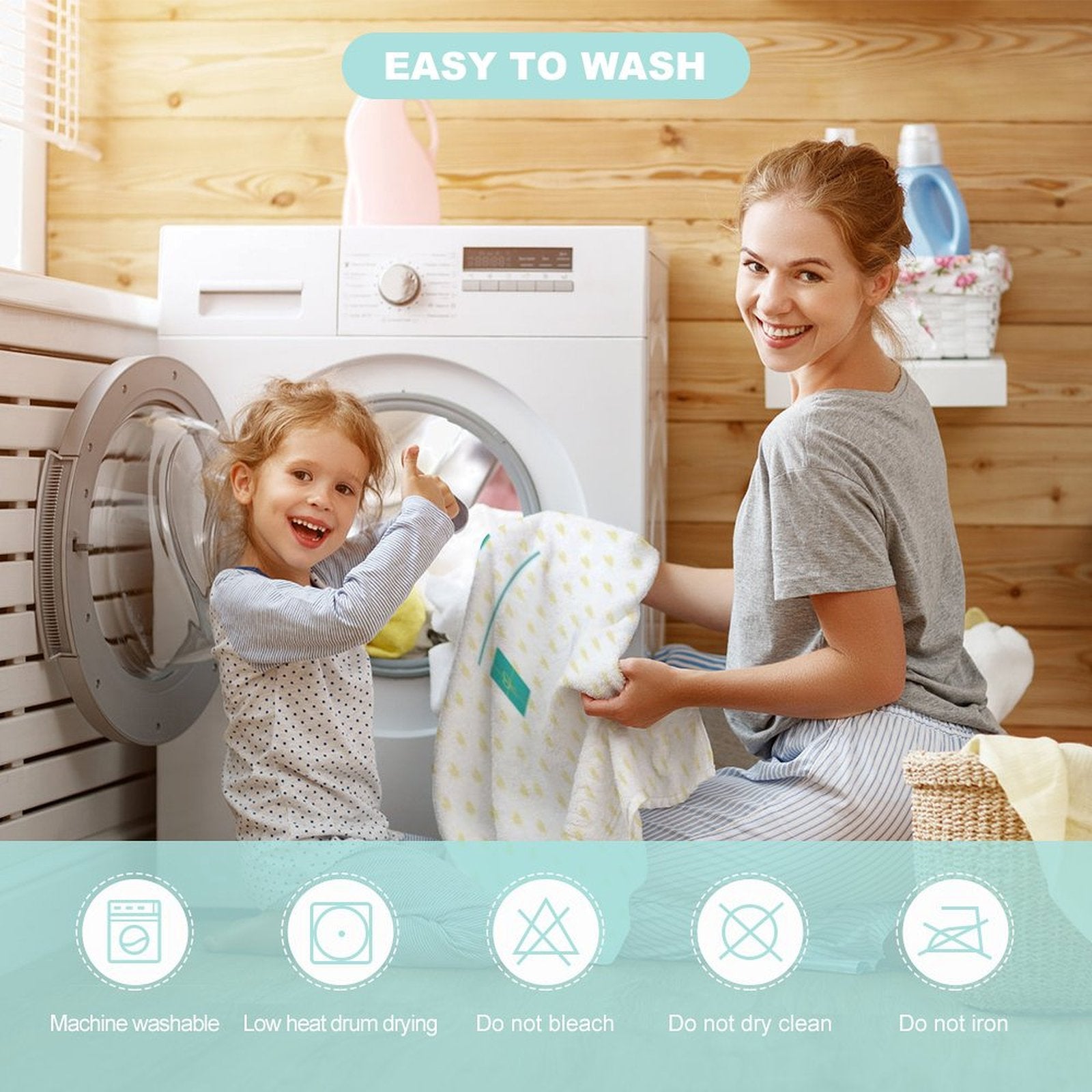 Easy-to-wash baby hooded towel for bath/beach. Showing the washing care instruction with mother and daughter