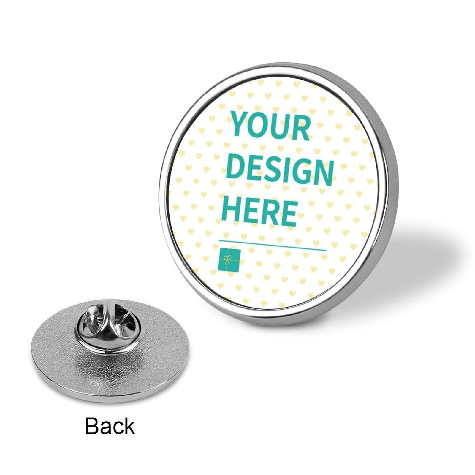 Custom alloy lapel pin with 'YOUR DESIGN HERE' design. Personalized pin for shirt, jacket, or business use.