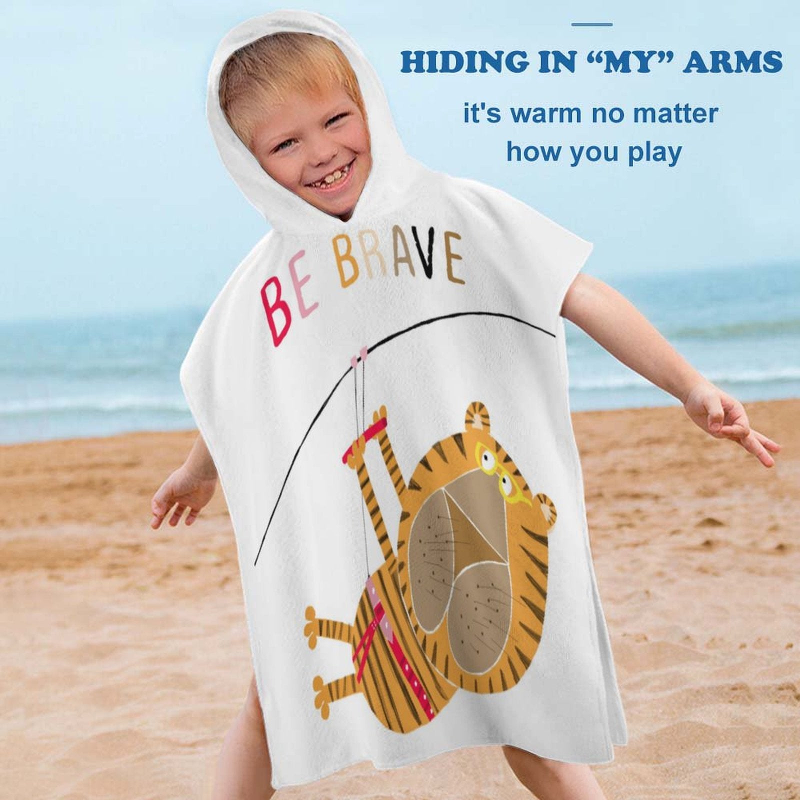 Baby hooded towel with tiger design and BE BRAVE text. Perfect for bath, beach or pool.