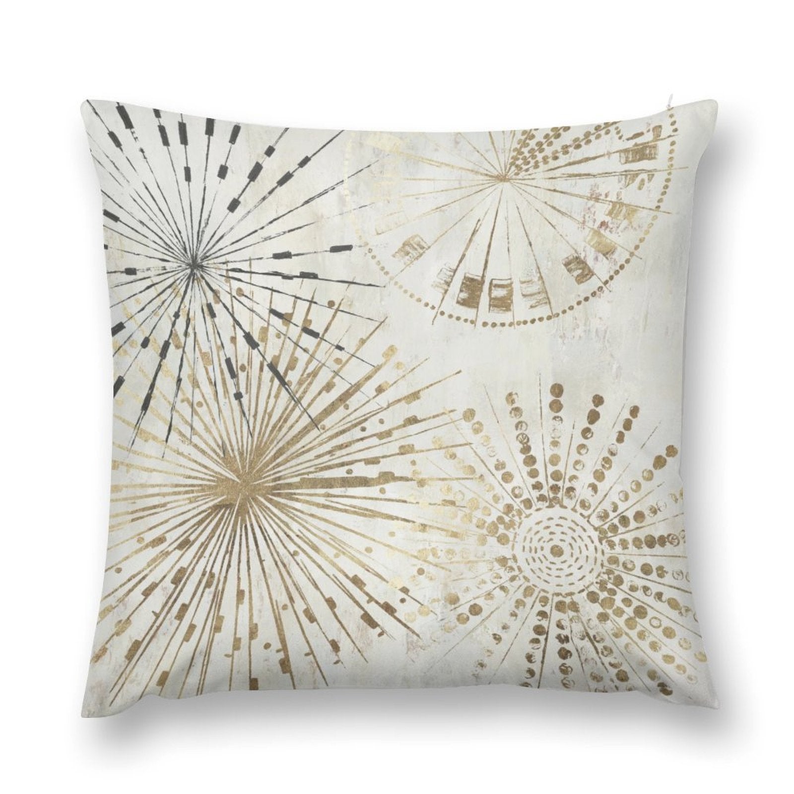 Soft plush throw pillow cover with abstract gold burst design for sofa and couch, decorative pillow