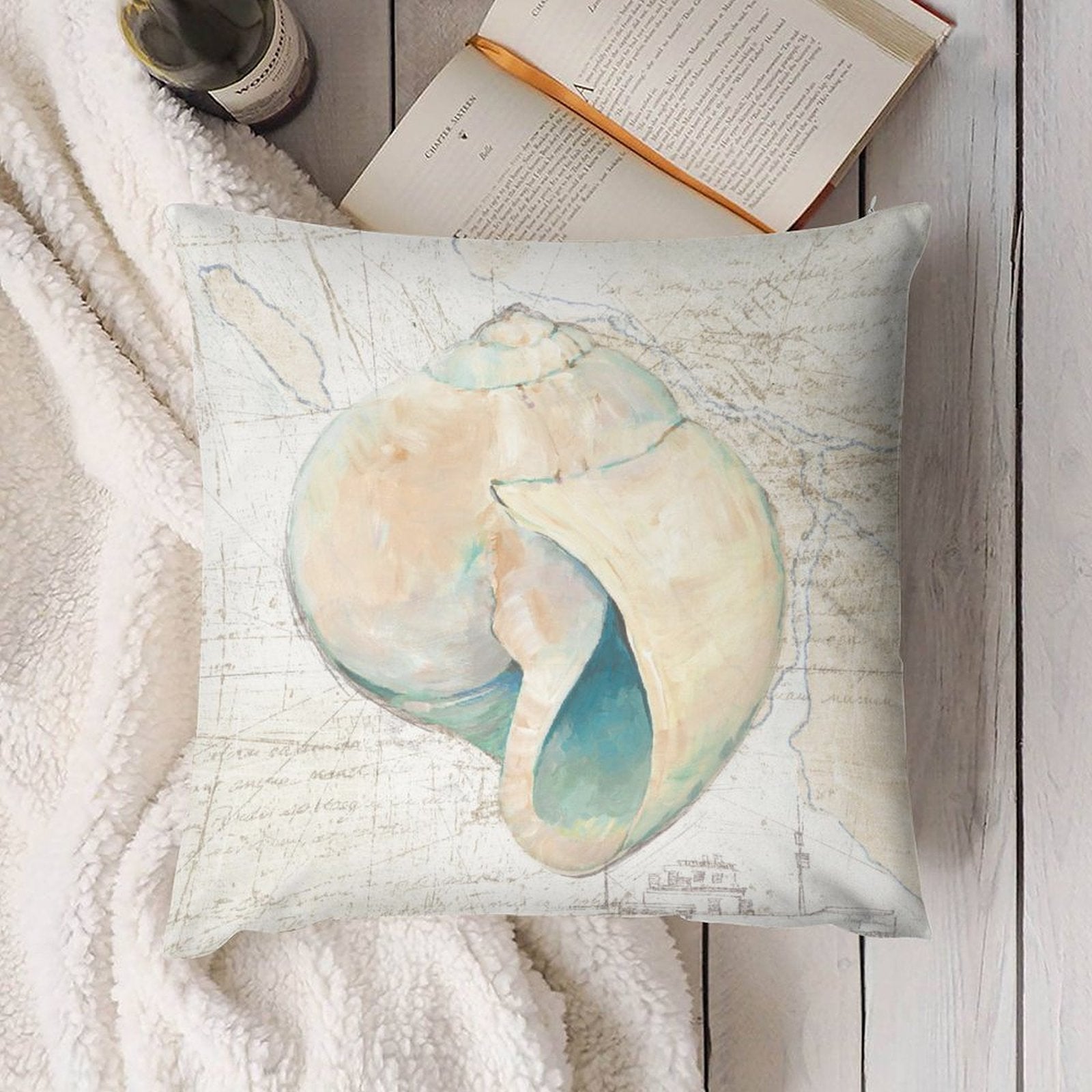 Seashell art plush throw pillow cover for sofa and couch, soft short plush decorative home decor, home decor