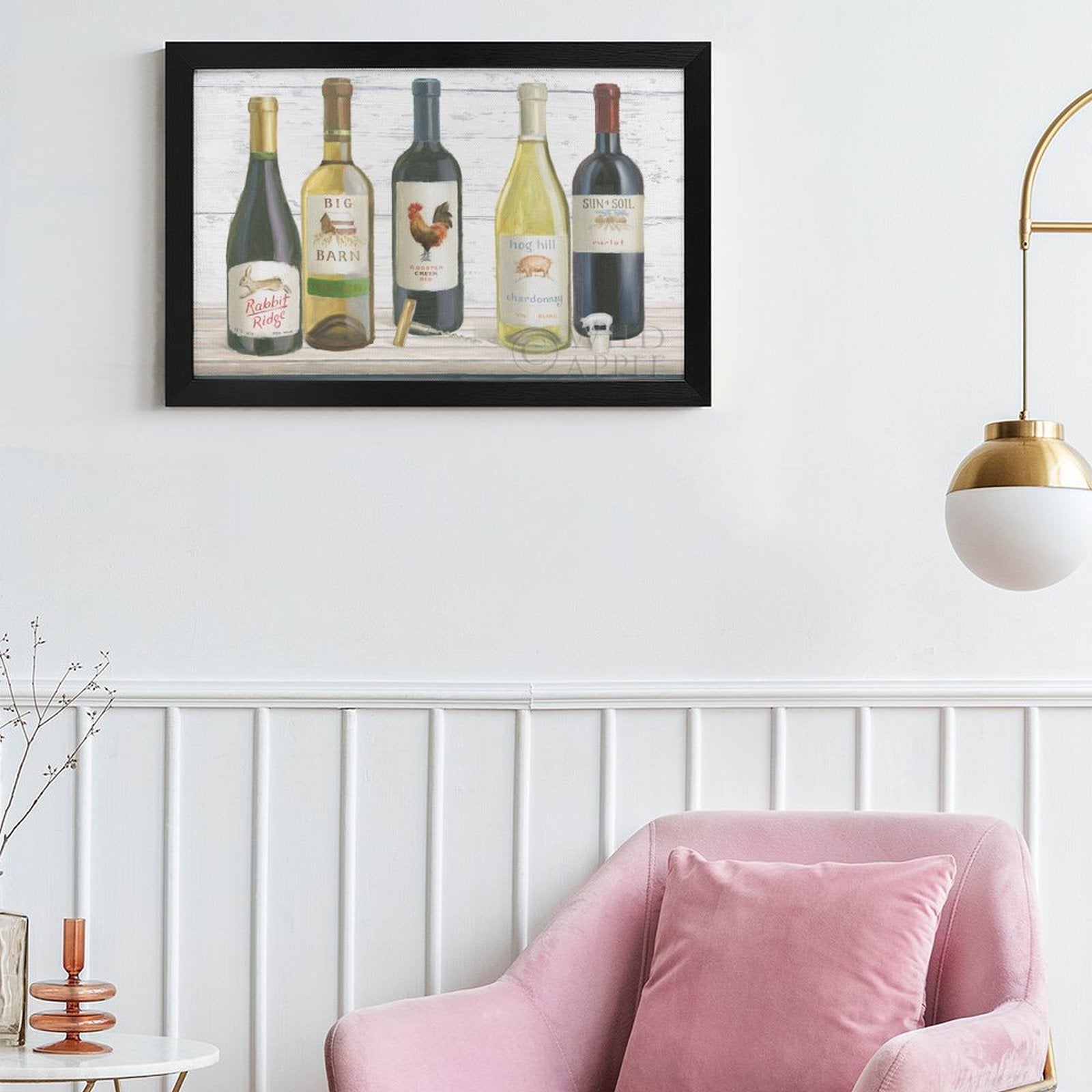 Framed canvas print, wine bottle wall art with Rabbit Ridge, Big Barn, Rooster Creek, Hog Hill, Sun+Soil labels.