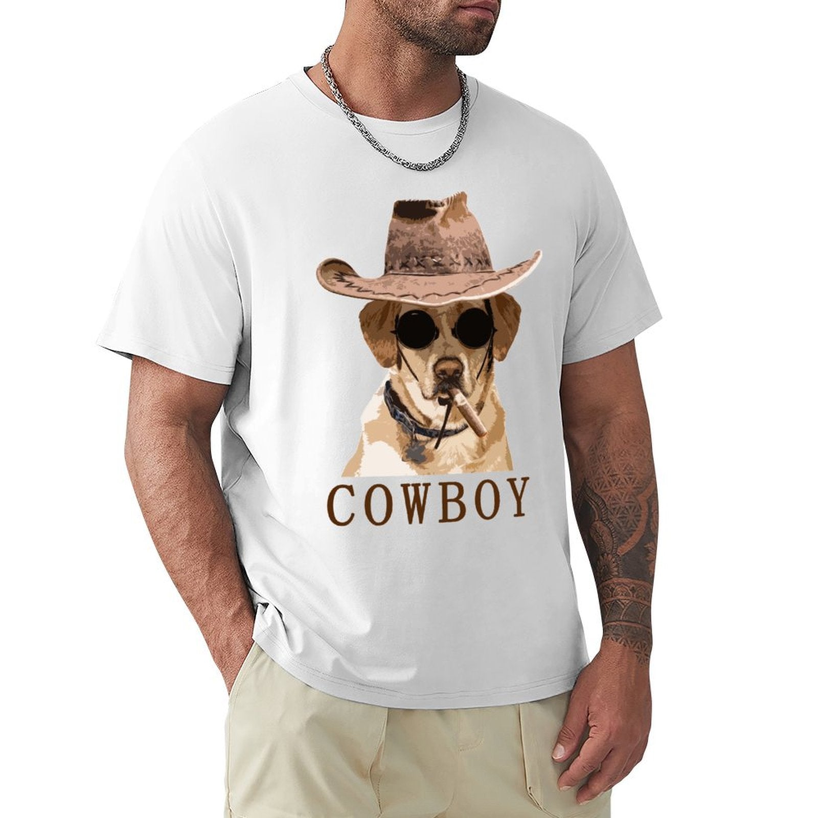 Men's white short sleeve t-shirt featuring a cowboy dog graphic; Cowboy tee from MyArtsyGift