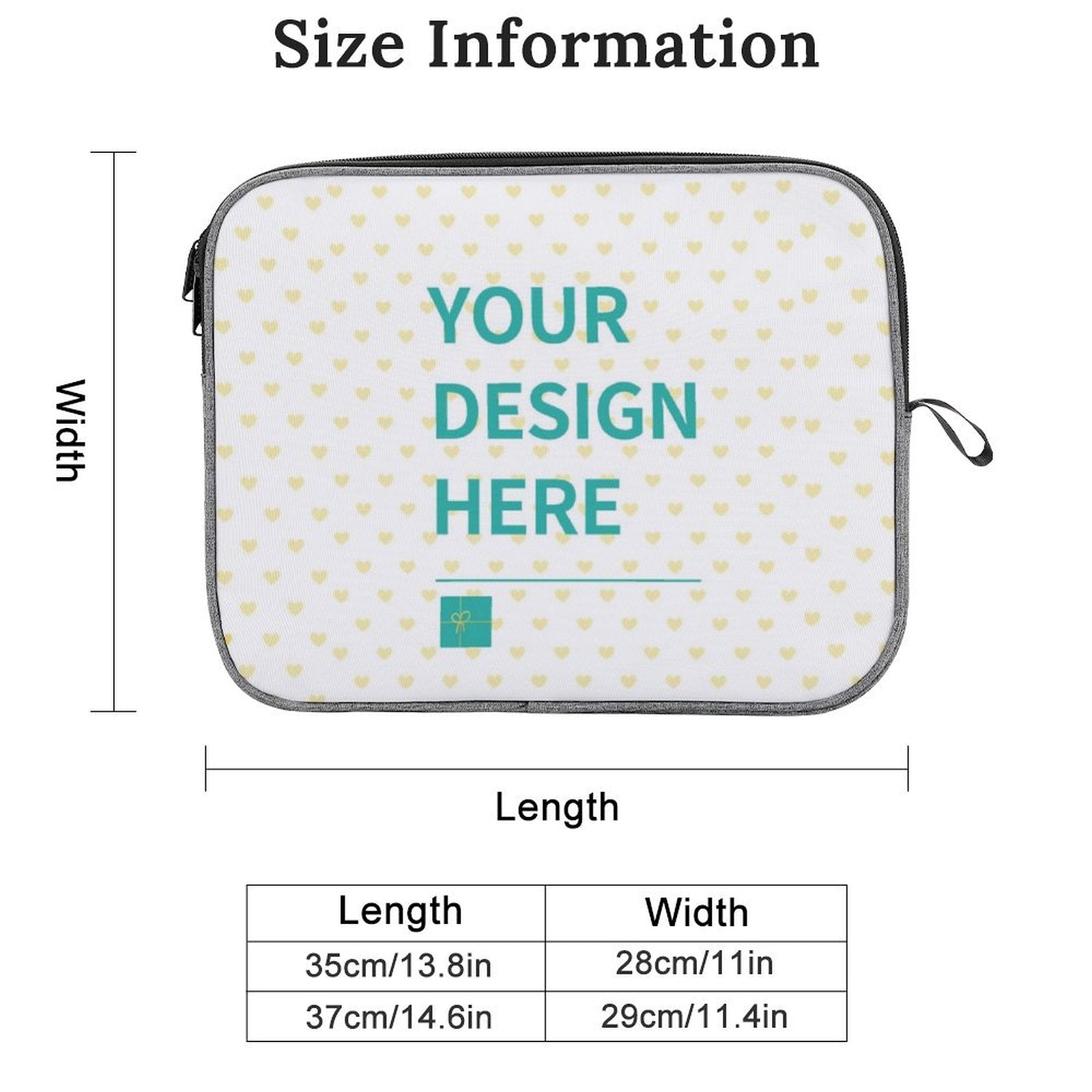 Customizable laptop sleeve with size information, snowflake fabric, and "YOUR DESIGN HERE" text, perfect for personalization.