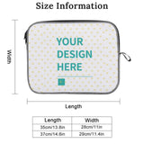 Customizable laptop sleeve with size information, snowflake fabric, and "YOUR DESIGN HERE" text, perfect for personalization.