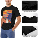 Men's black cotton t-shirt with cat 'The Scream' art print; soft, breathable fabric. A MyArtsyGift exclusive.