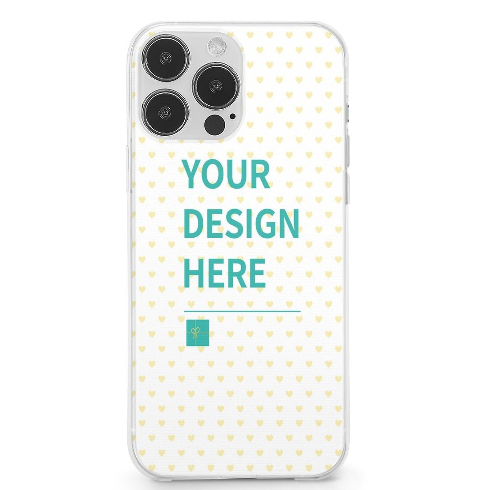 iPhone 13 custom case with heart pattern and YOUR DESIGN HERE text, TPU material
