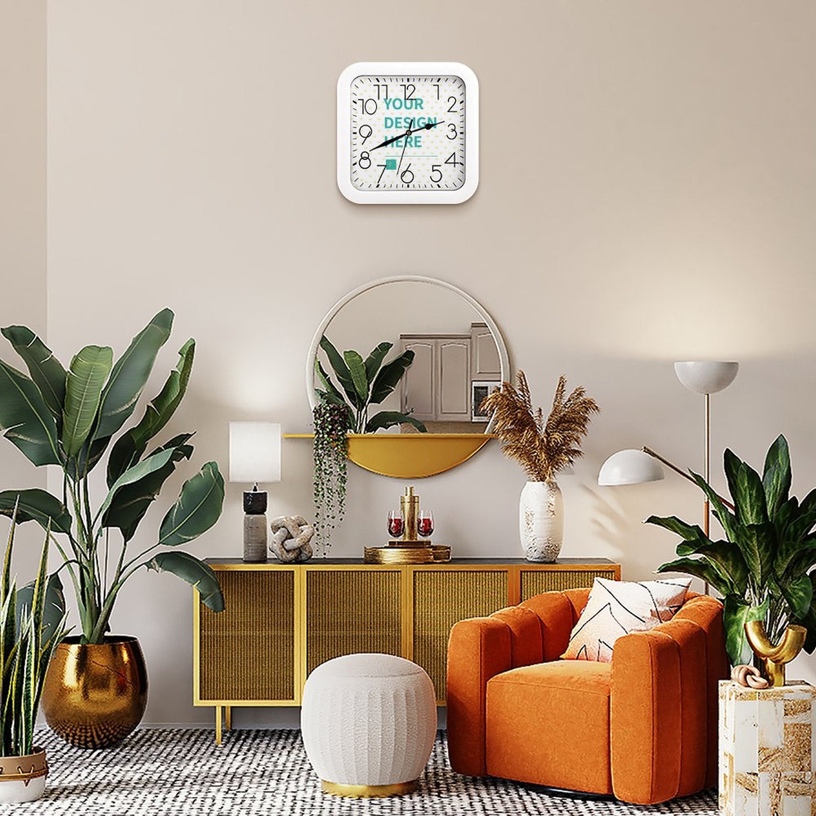 Square wall clock with 'YOUR DESIGN HERE' for home decor, white frame and silent.