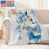 Blue Butterflies Flannel Blanket, Made in USA, soft and cozy for sofa or bed, watercolor butterfly design