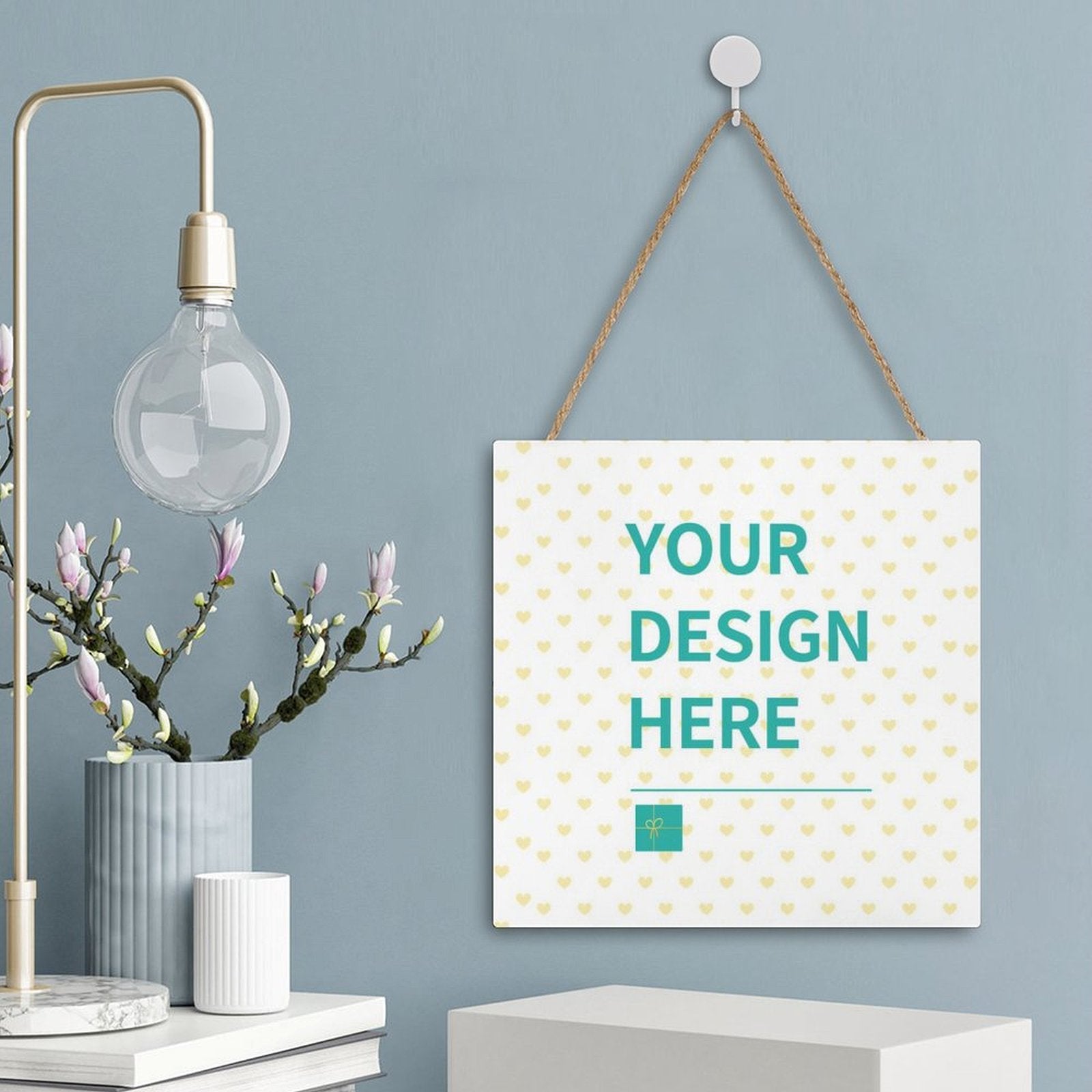 Customizable wood sign with "YOUR DESIGN HERE" text, farmhouse decor for home and kitchen, personalized design.