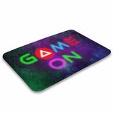 Non-slip coral velvet bath rug with neon 'GAME ON' design for bathroom.