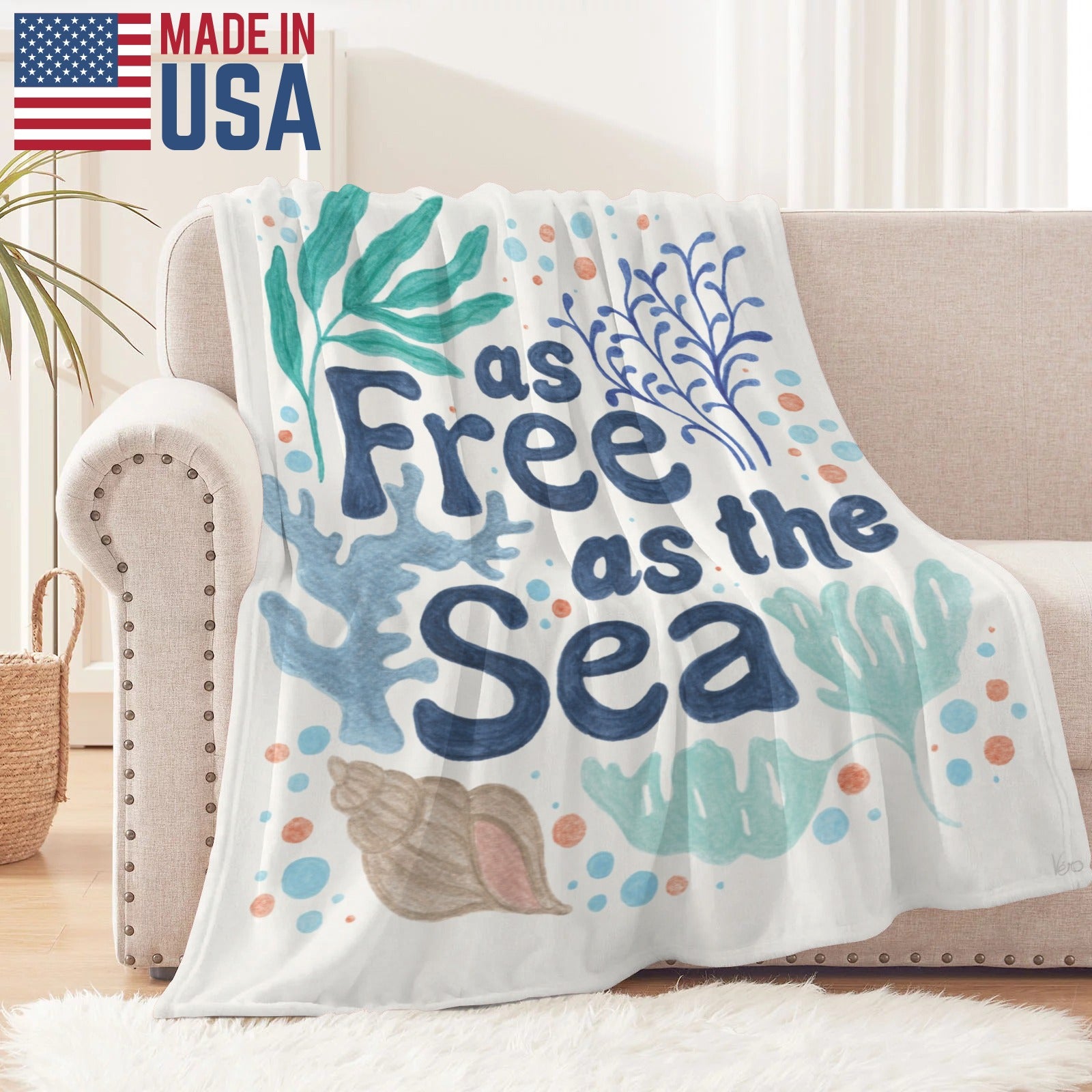 Coastal Currents V Flannel Blanket, 'as Free as the Sea' design. Made in USA, soft and cozy, perfect for sofa or bed.