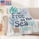 Coastal Currents V Flannel Blanket, 'as Free as the Sea' design. Made in USA, soft and cozy, perfect for sofa or bed.