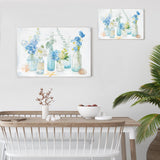 Canvas print 'Beach Cottage Blue Florals' with watercolor flowers and bottles, perfect for home decor