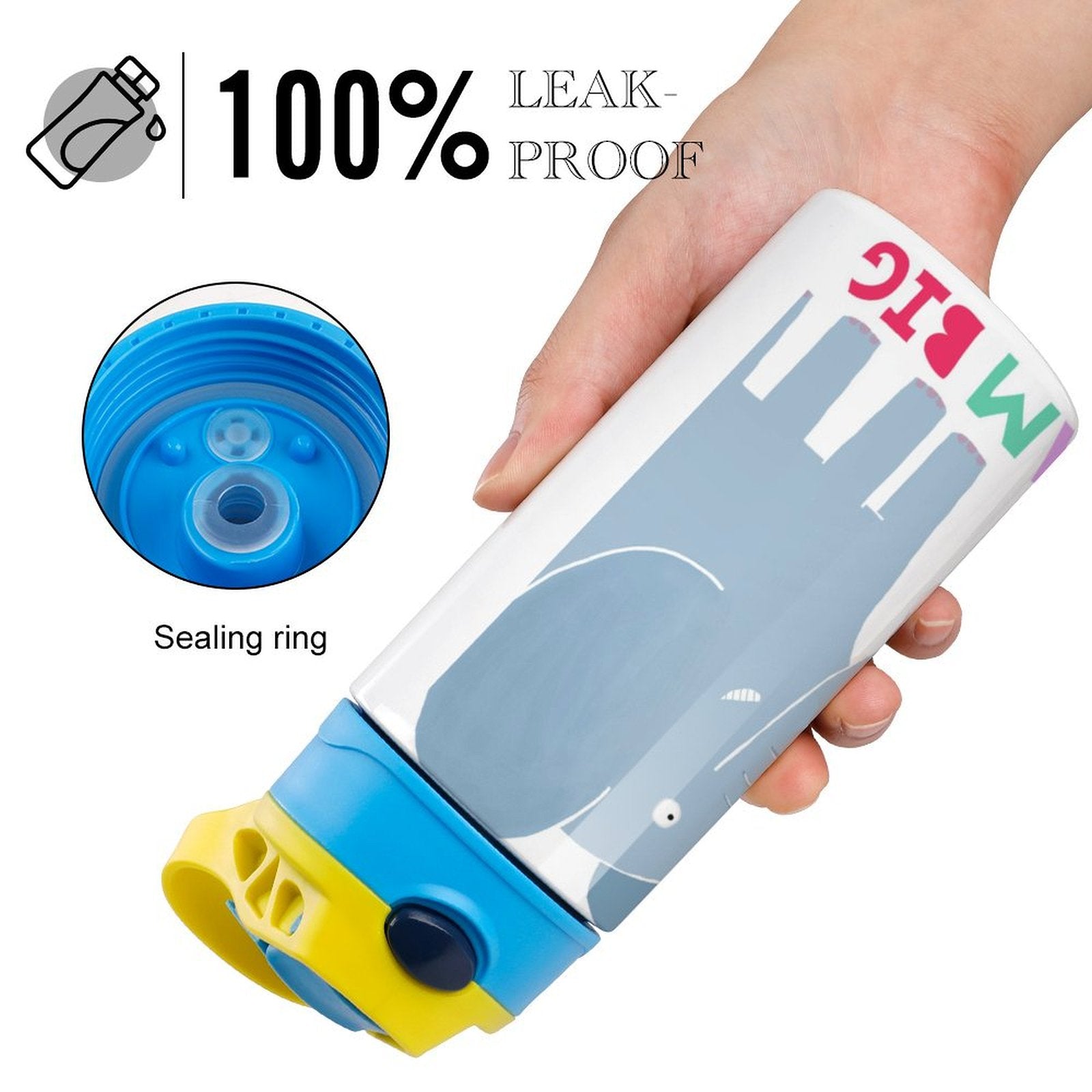 12oz leak-proof kids' water bottle with elephant design and DREAM BIG text, perfect for school outings.
