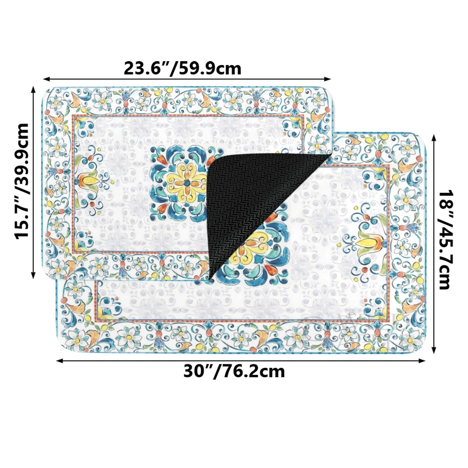 Mediterranean floral entrance doormat with rubber backing, indoor/outdoor use. Decorative, includes various size options.