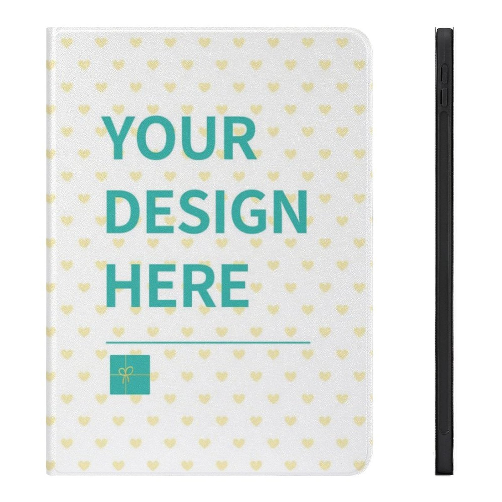 Custom iPad case with "YOUR DESIGN HERE" text, soft TPU back, heart pattern, perfect gift for iPad Air/Pro