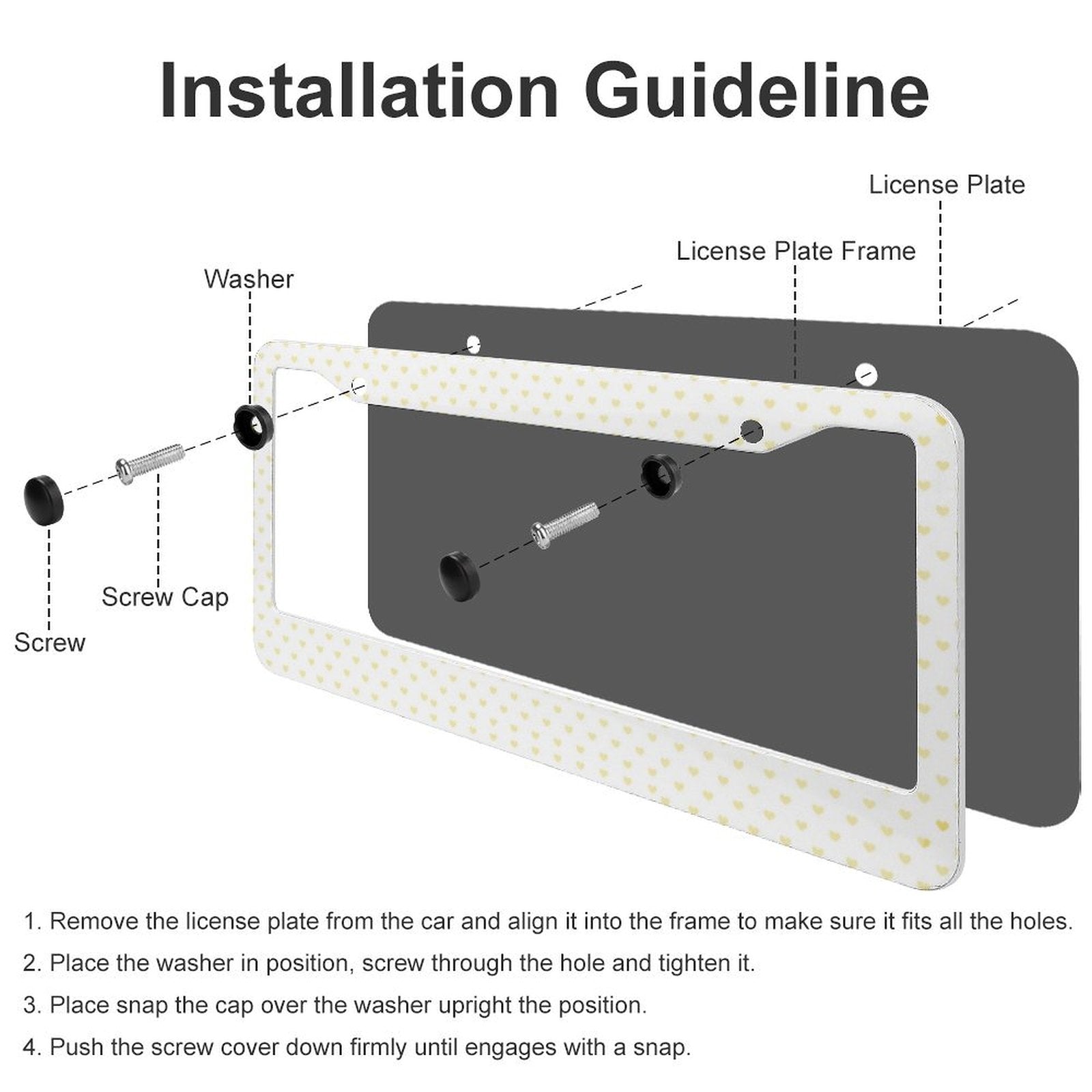 License plate frame installation guide with yellow heart pattern frame and hardware. Custom car tag installation.