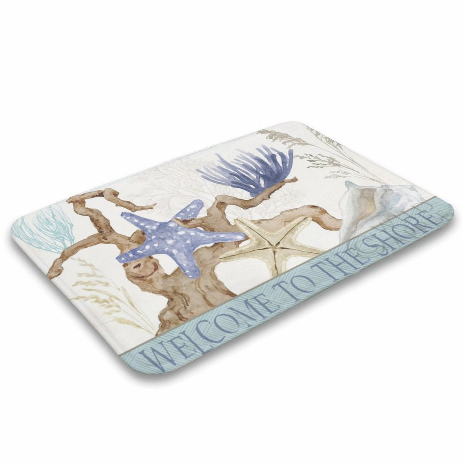 Coral velvet bath rug with starfish design and welcome text for bathroom
