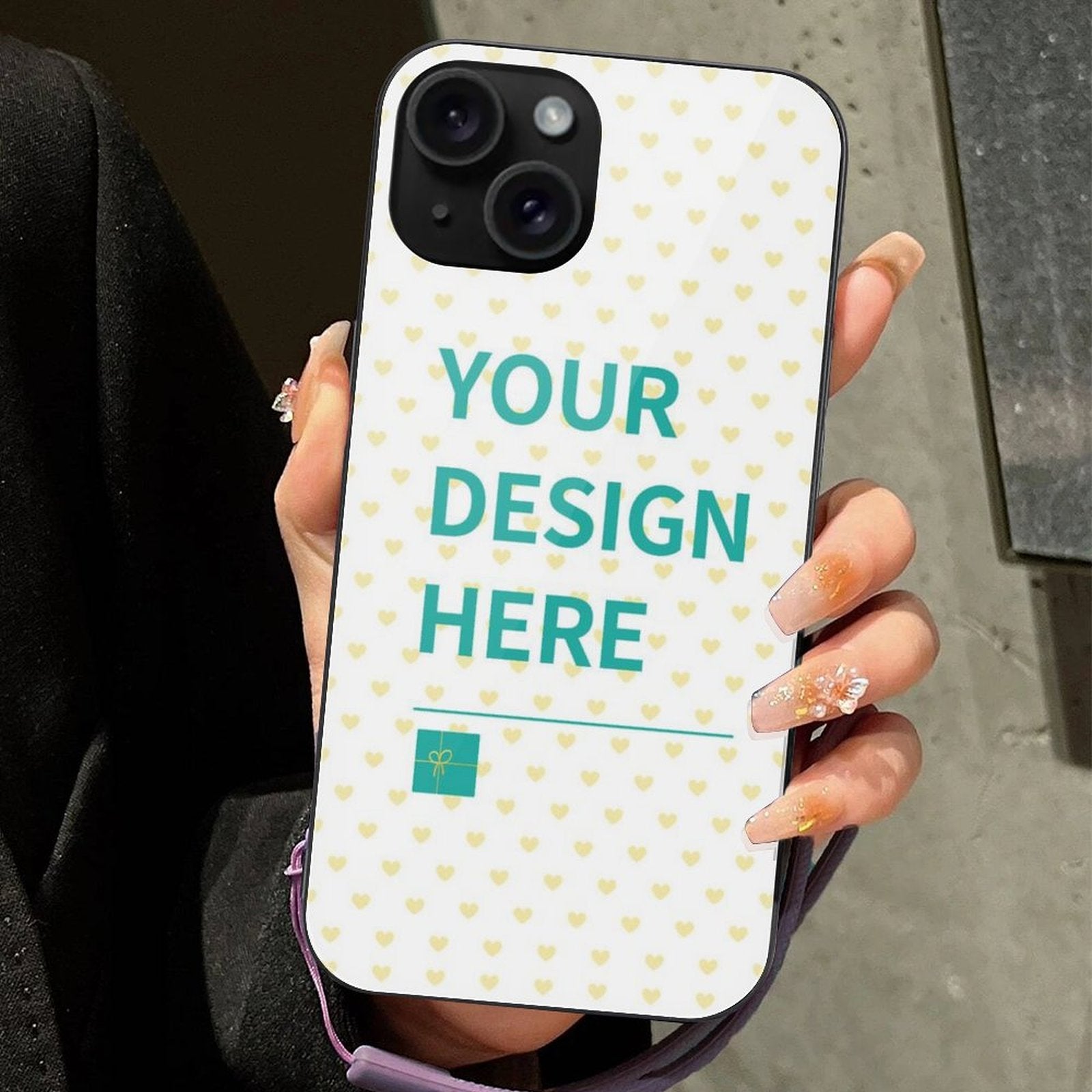 Customizable iPhone 15 case with 'Your Design Here' text, glass+TPU material