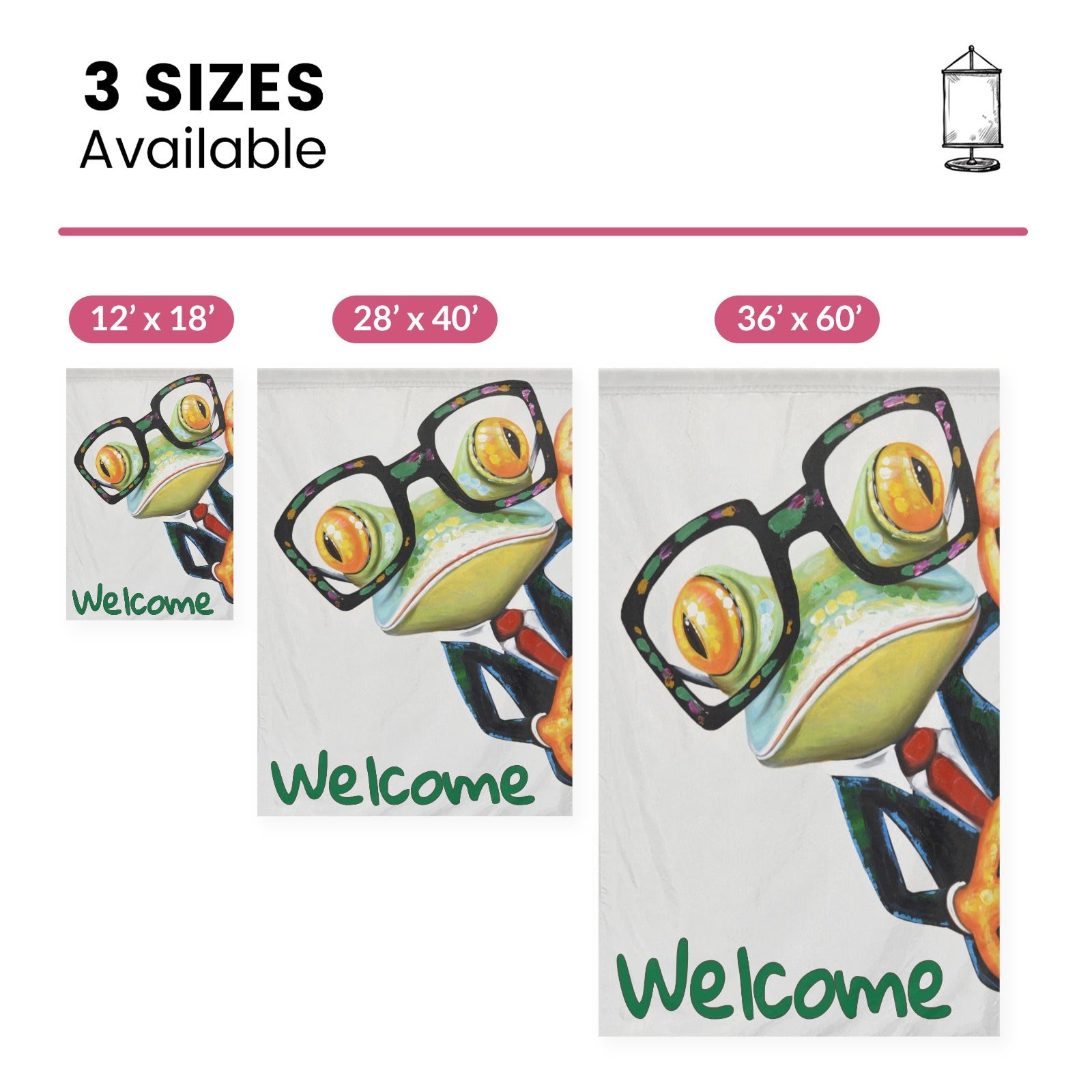 Welcome Frog Garden Flag in various sizes; Two-sided printing, made of 100% polyester, perfect for outdoor garden decor.