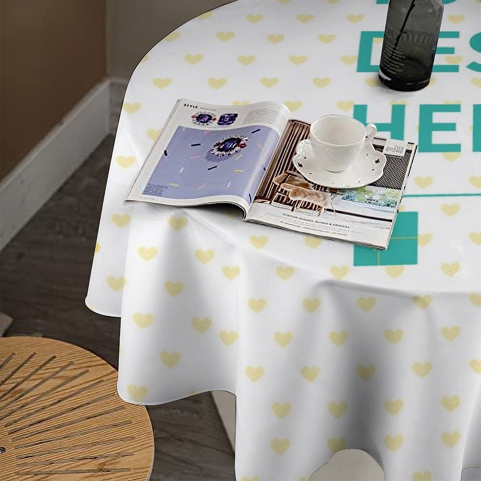 Customizable round tablecloth with heart pattern and 'DESIGN HERE' text, perfect for dining or events.