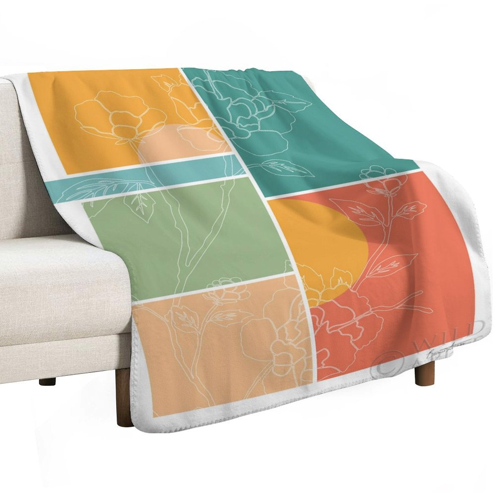 Lamb wool fleece blanket, floral design in orange, green, peach colors, for bed and sofa, "WILD" text