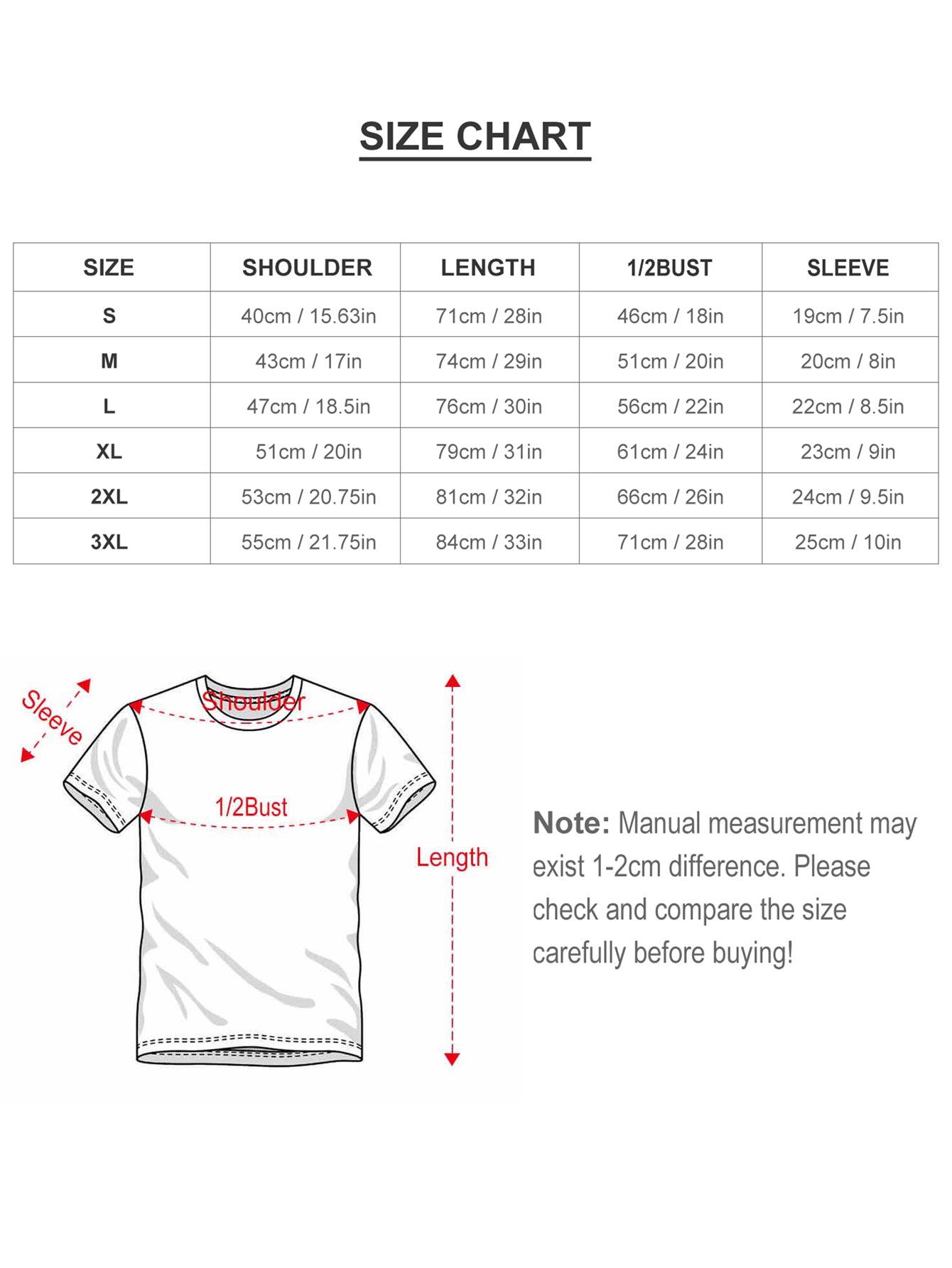 Size chart for custom men's double-sided design short sleeve tee, with shoulder, length, bust, and sleeve measurements.
