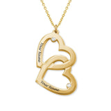 Custom gold interlocking double heart necklace, personalized with "Your Name," diamond accents, and ideal for gifts.
