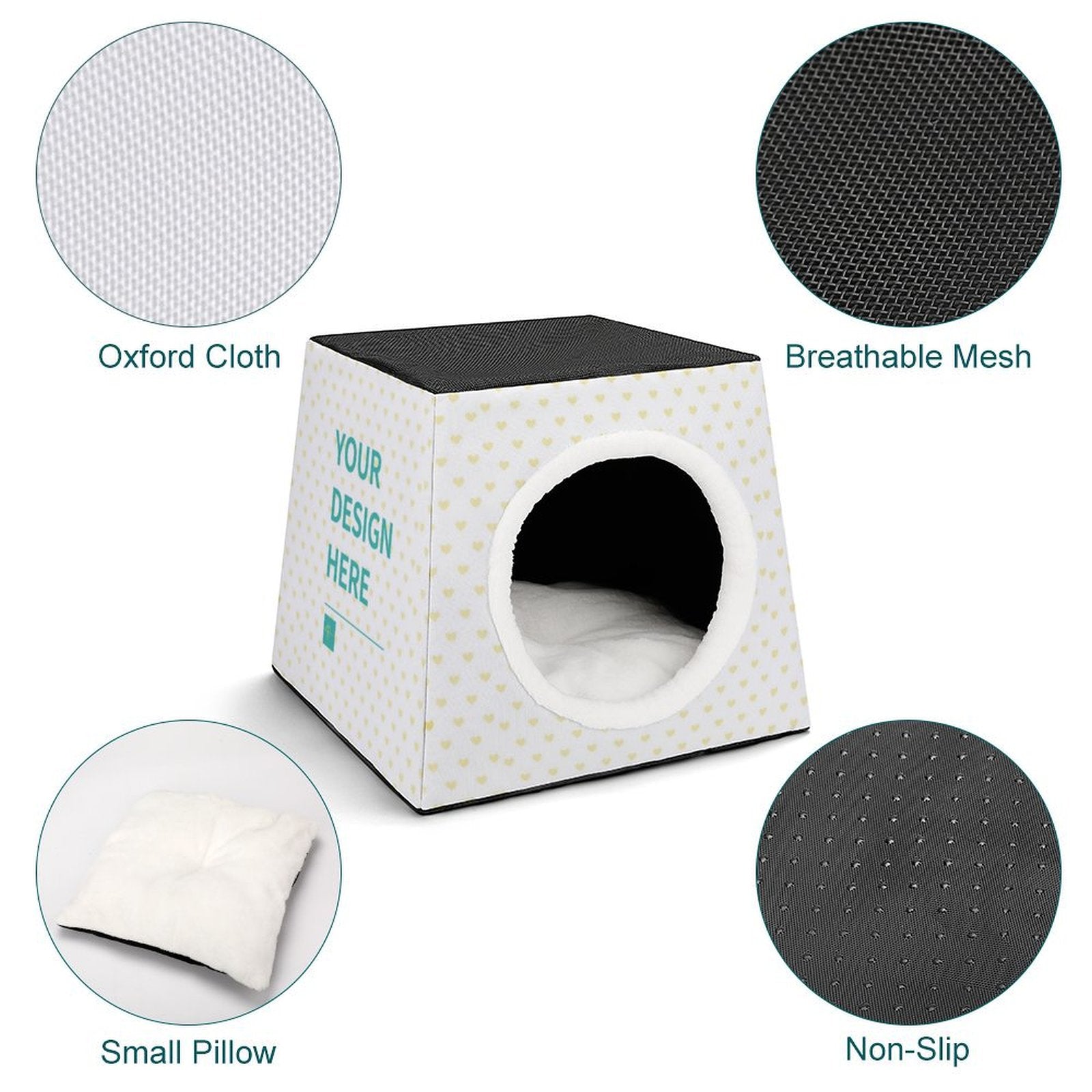 Customizable dog or cat bed with Oxford fabric, heart pattern, and mesh top. Your design here.