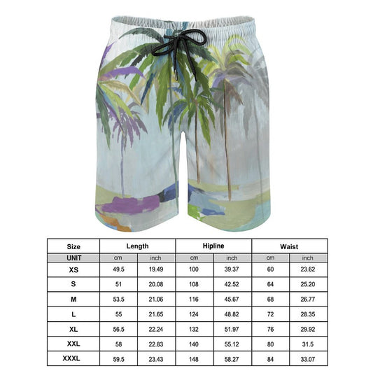 Men's quick-dry Hawaiian swim trunks with palm tree print, side pockets, and size chart