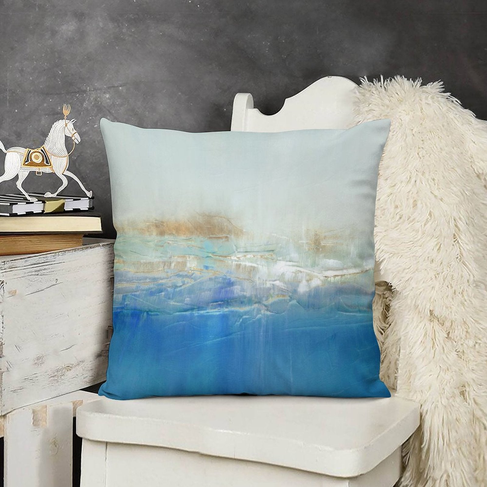 Abstract blue and gold plush pillow cover for sofa or couch. Soft short plush decorative cushion.