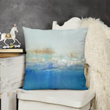 Abstract blue and gold plush pillow cover for sofa or couch. Soft short plush decorative cushion.