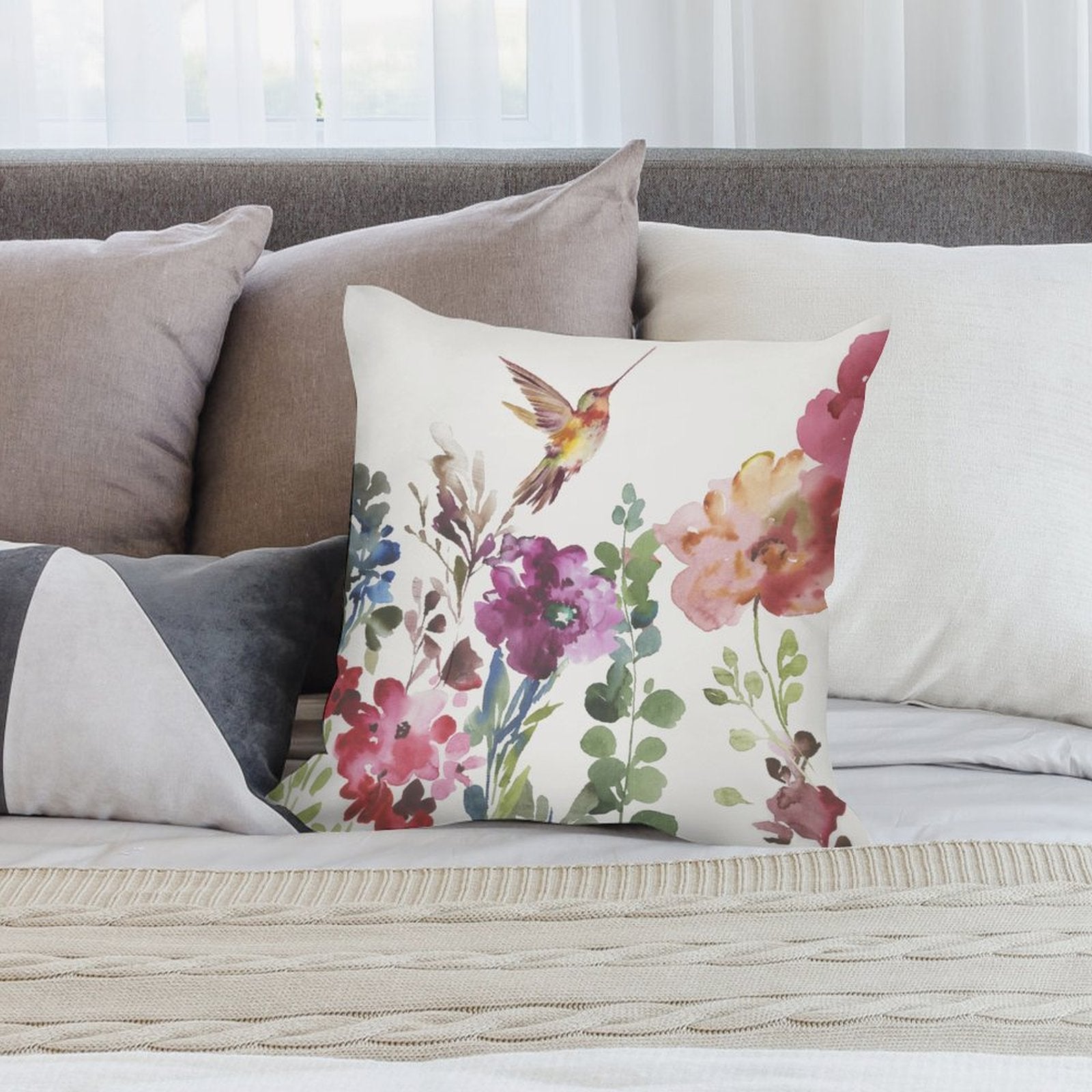 Plush throw pillow cover with hummingbird and floral watercolor design for sofa and living room