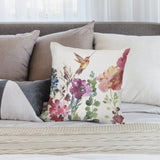Plush throw pillow cover with hummingbird and floral watercolor design for sofa and living room