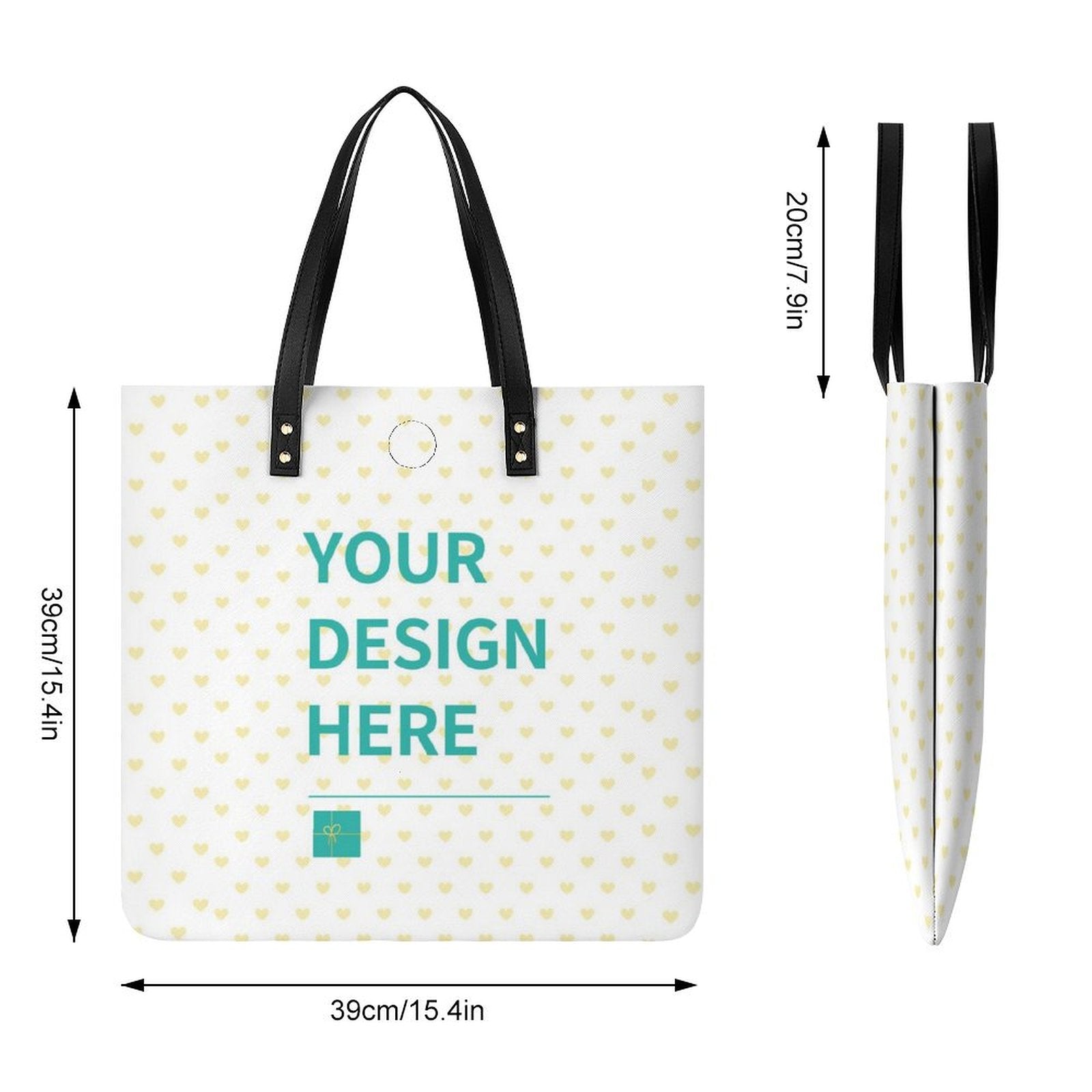 Customizable PU leather tote bag with "YOUR DESIGN HERE" message and heart pattern, perfect for shopping and work