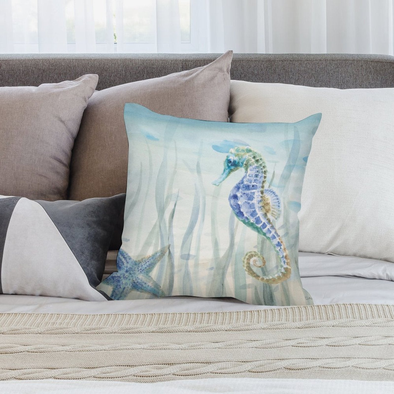 Plush throw pillow cover with blue seahorse and starfish watercolor art, for sofa and living room decor