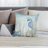 Plush throw pillow cover with blue seahorse and starfish watercolor art, for sofa and living room decor