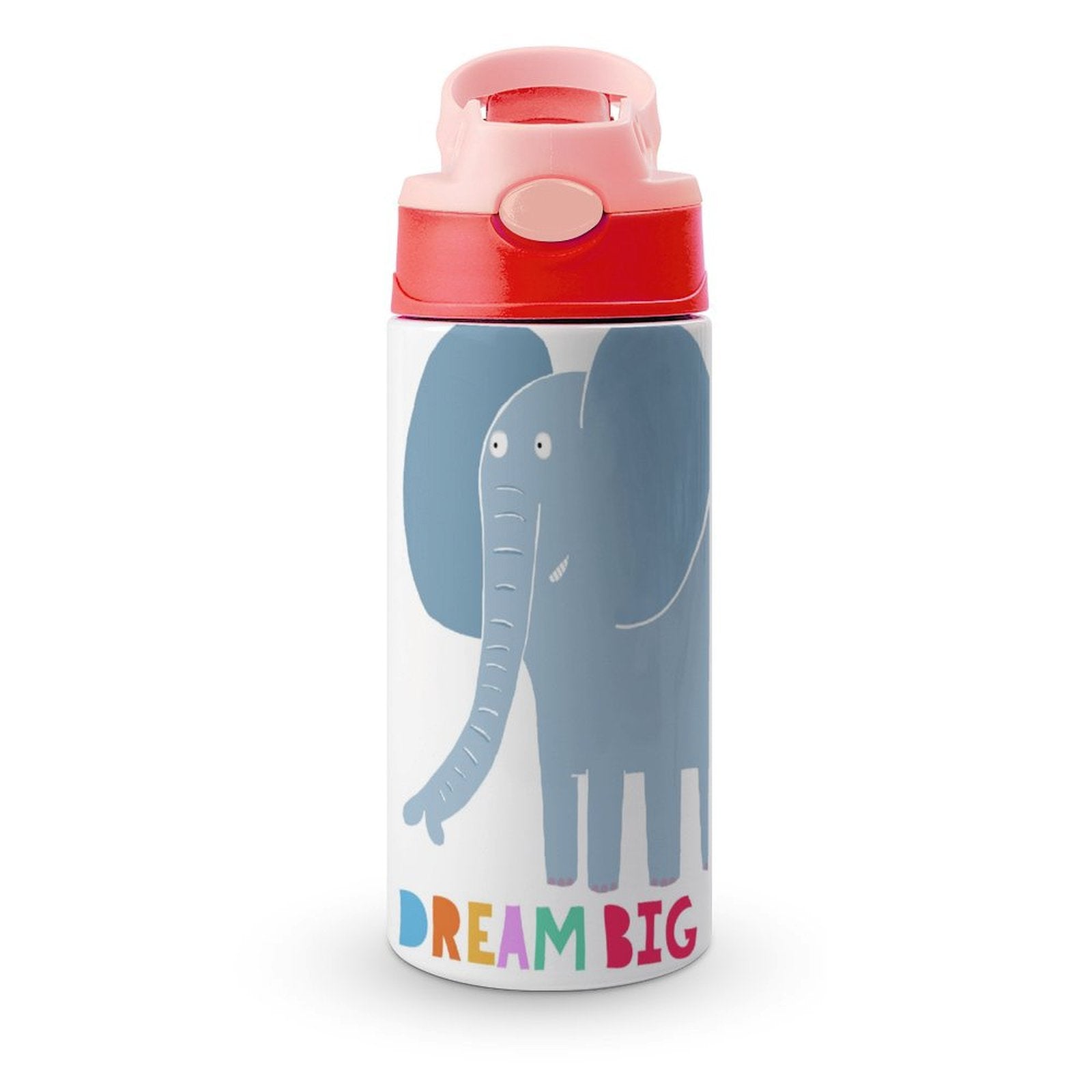 Kids' 12oz insulated water bottle with elephant design and 'DREAM BIG' text, leak-proof for school