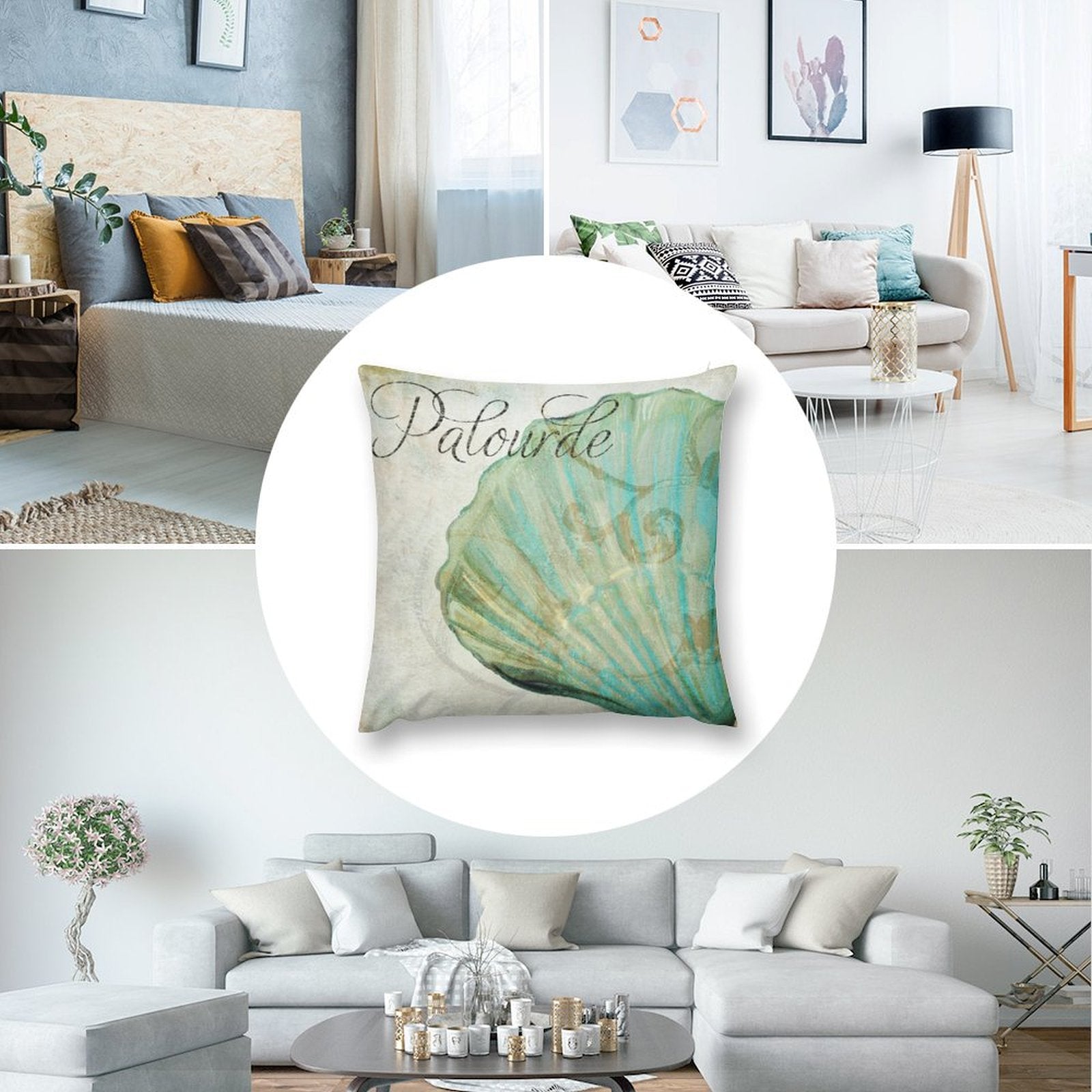 Plush throw pillow cover with teal Palourde seashell art print, suitable for sofa, couch, or living room decor.