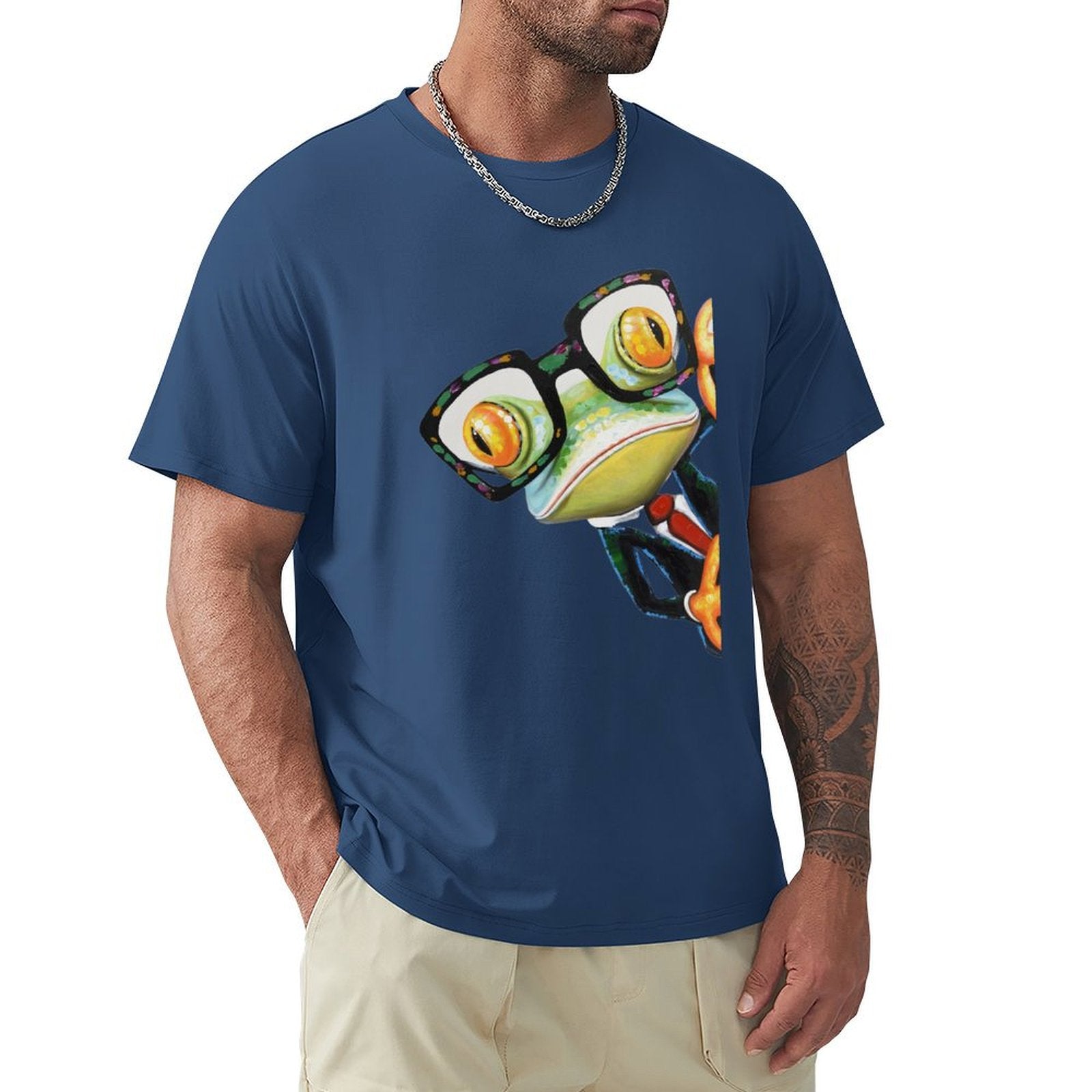 Men's blue cotton crew neck t-shirt with a frog design, Classic Tees for Men