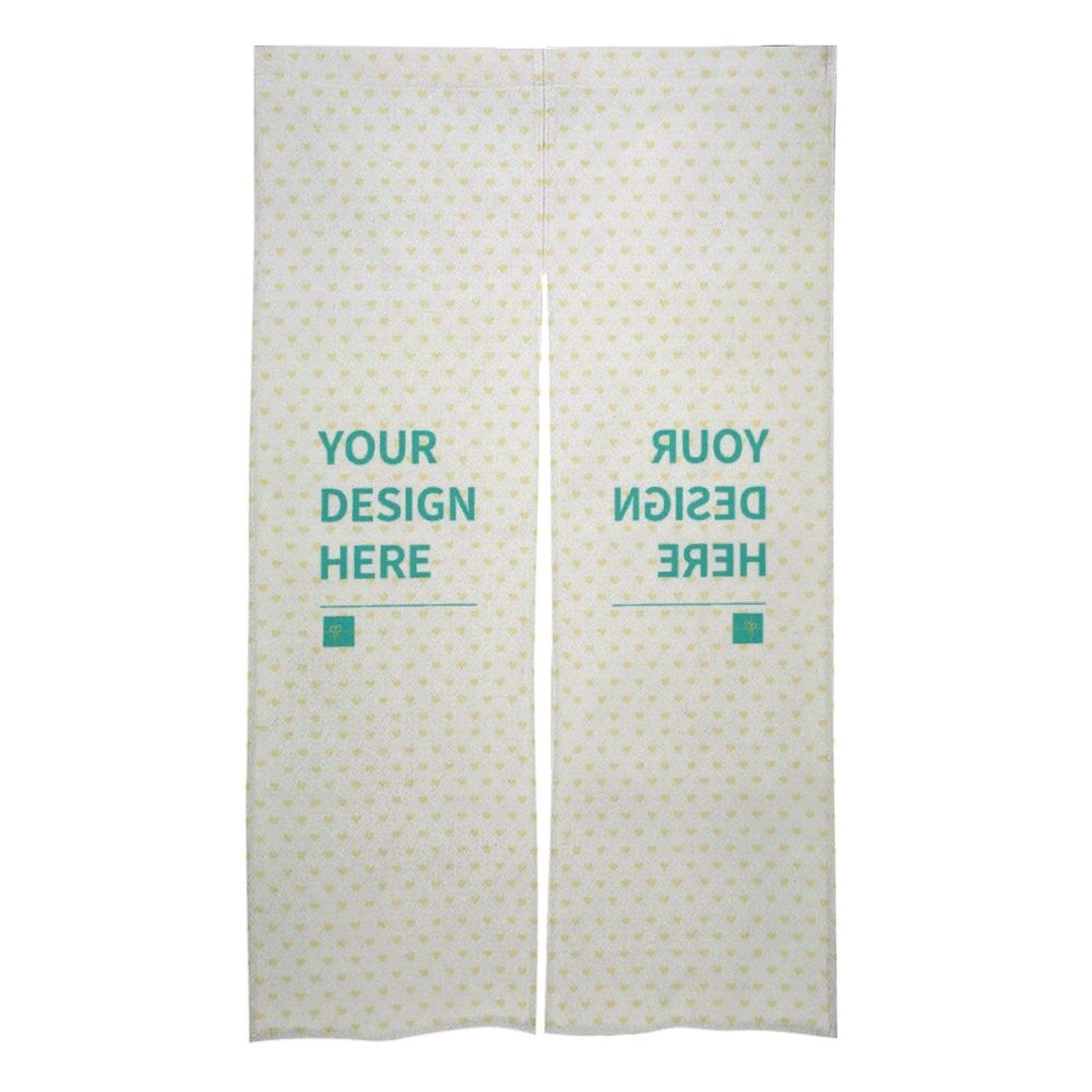 Custom door curtain made of white linen fabric, personalized with "Your Design Here" and dot pattern.