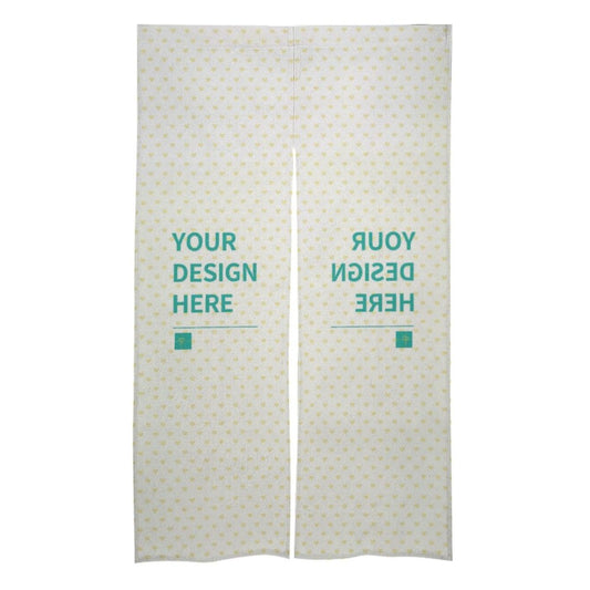 Custom door curtain made of white linen fabric, personalized with "Your Design Here" and dot pattern.