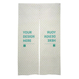 Custom door curtain made of white linen fabric, personalized with "Your Design Here" and dot pattern.