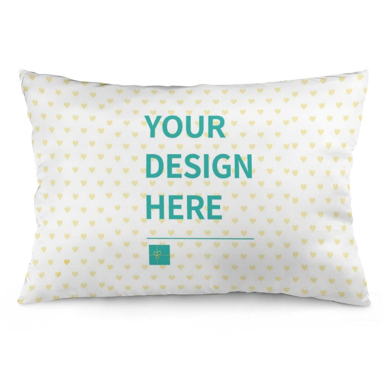 Customizable throw pillow cover with 'YOUR DESIGN HERE' text, heart pattern, plush fabric. Great for sofa or bed.