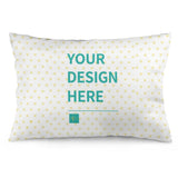 Customizable throw pillow cover with 'YOUR DESIGN HERE' text, heart pattern, plush fabric. Great for sofa or bed.