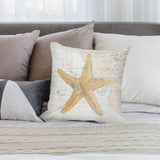 Starfish throw pillow cover on a bed, soft plush material for living room decor, with map background.