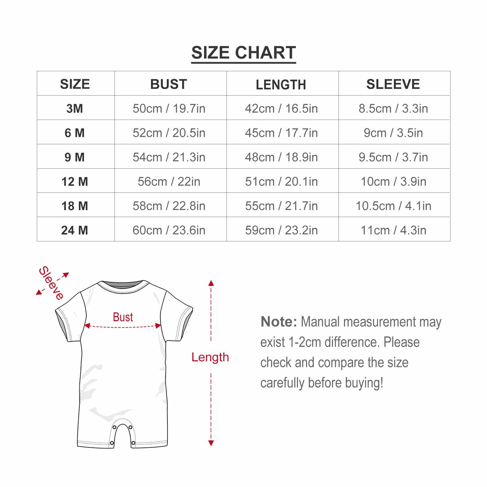 Baby romper size chart with measurements, newborn sizes 3M-24M. Find the perfect fit for your baby.