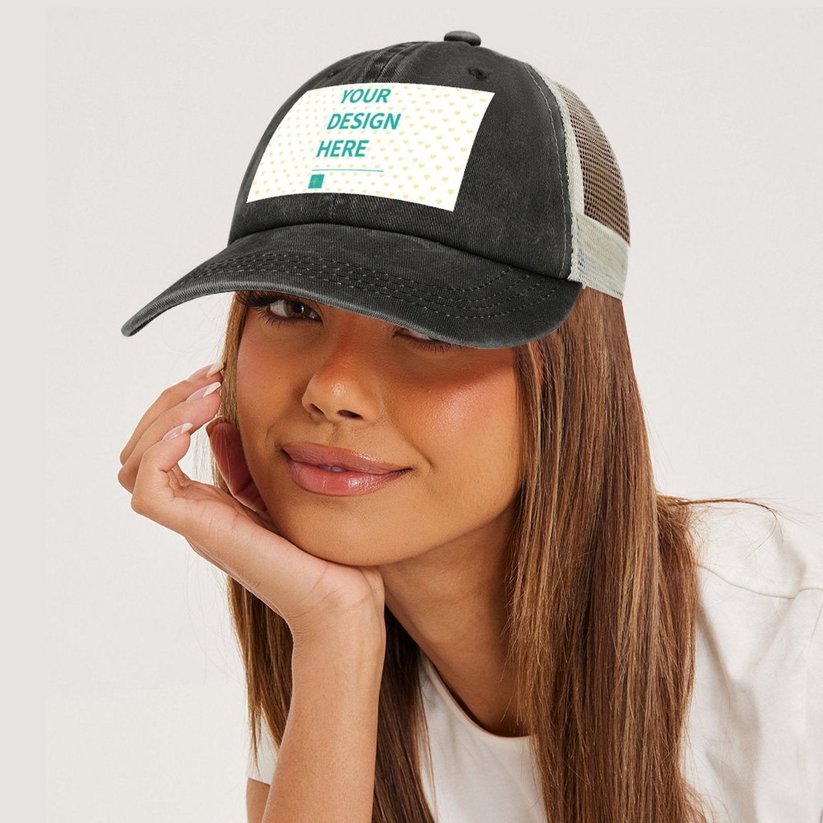 Customizable black cotton baseball cap with mesh back and 'YOUR DESIGN HERE' text, MyArtsyGift